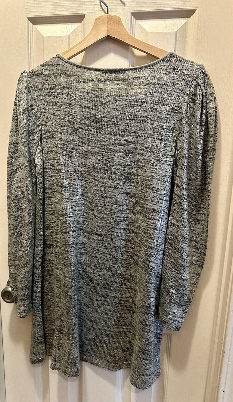 ZARA WOMEN'S HEATHER GRAY THIN KNIT LONG PUFF SLEEVE SEQUIN‎ MINI DRESS Sz Large - Picture 5 of 11